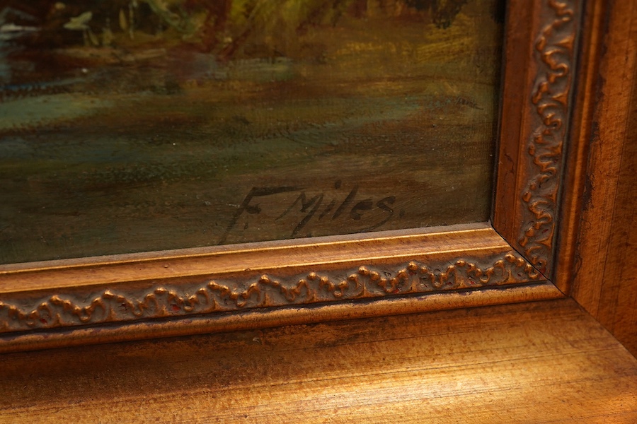 F. Miles (19th. C), oil on canvas, 'A backwater near Sunbury', signed, 34 x 49cm, ornate gilt framed. Condition - fair to good, craquelure throughout